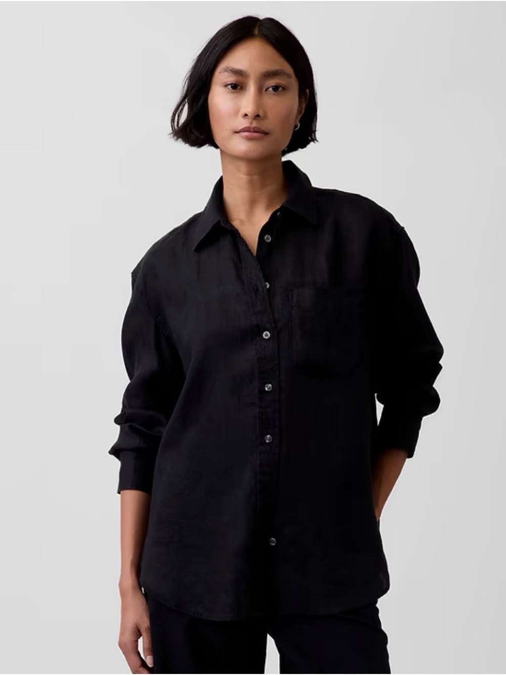 GAP 100% Linen Oversized Black Button-Down Boyfriend Shirt